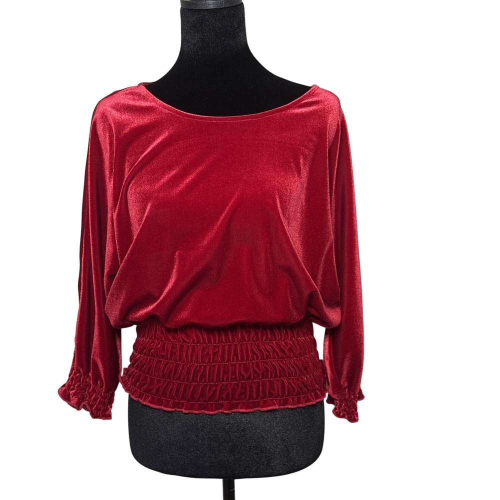 Vince Camuto Smocked Hem Velour Blouse Lipstick Red XS‎